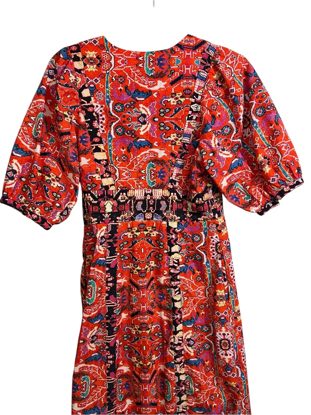 Anthropologie Midi Dress Cotton Patchwork Paisley Tile Print Puff Sleeve Size 4 - Picture 5 of 8